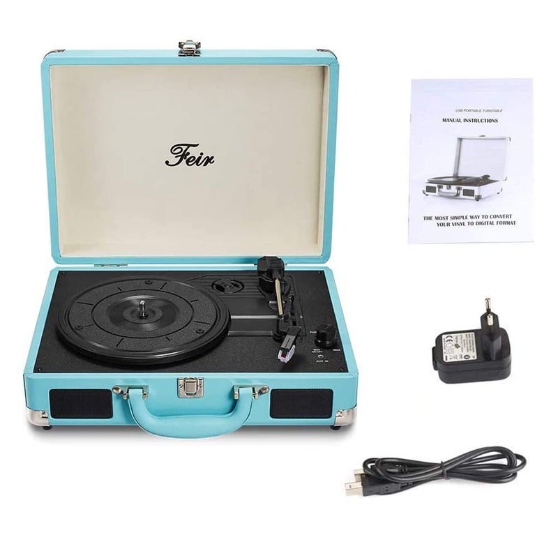 Feir Vinyl Stereo Blue Record Player 3 Speed Portable Turntable Suitcase Built in 2 Speakers RCA Line Out AUX Headphone Jack PC Recorder - Image 2